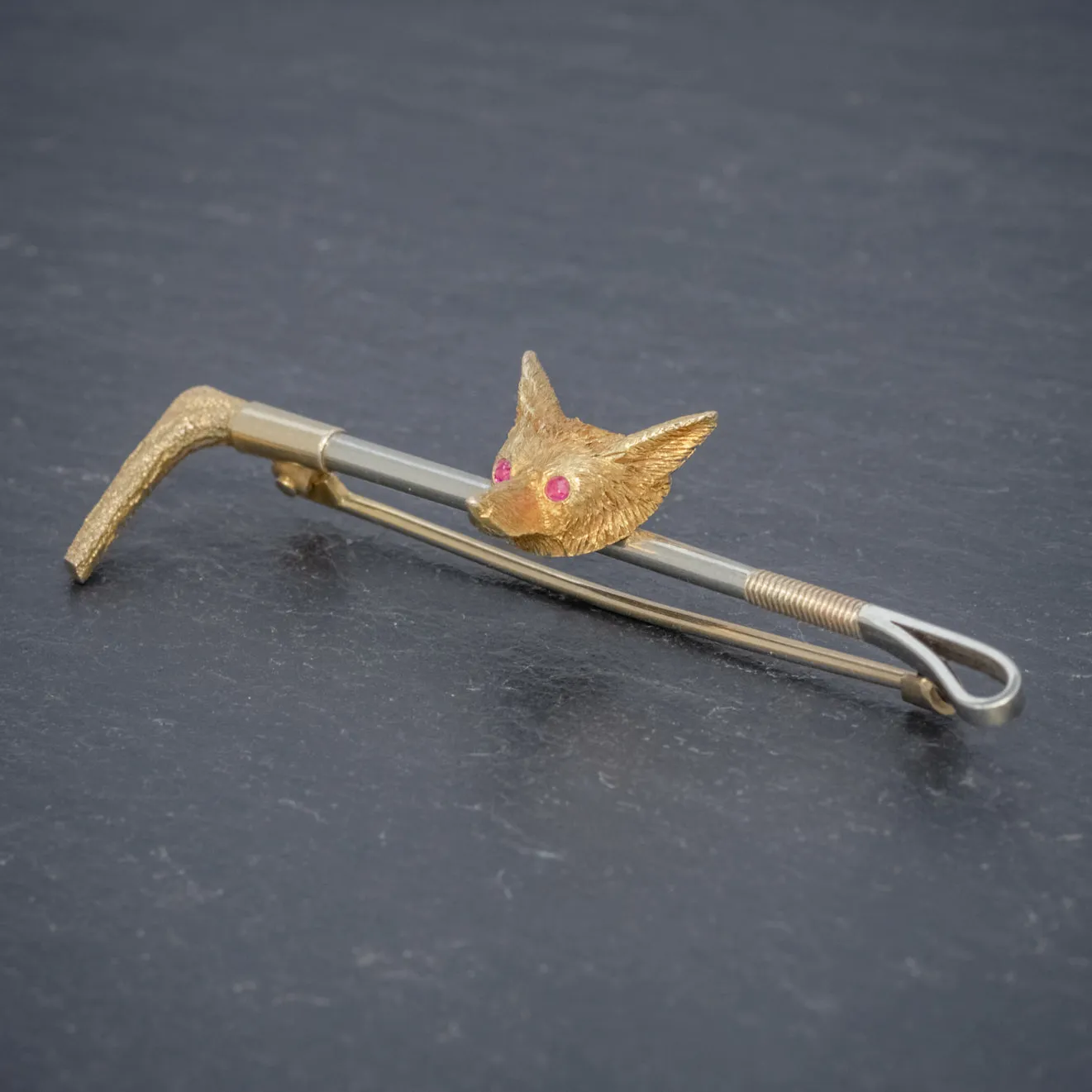 Antique Victorian Fox Riding Crop Brooch 9Ct Gold Circa 1880 Boxed