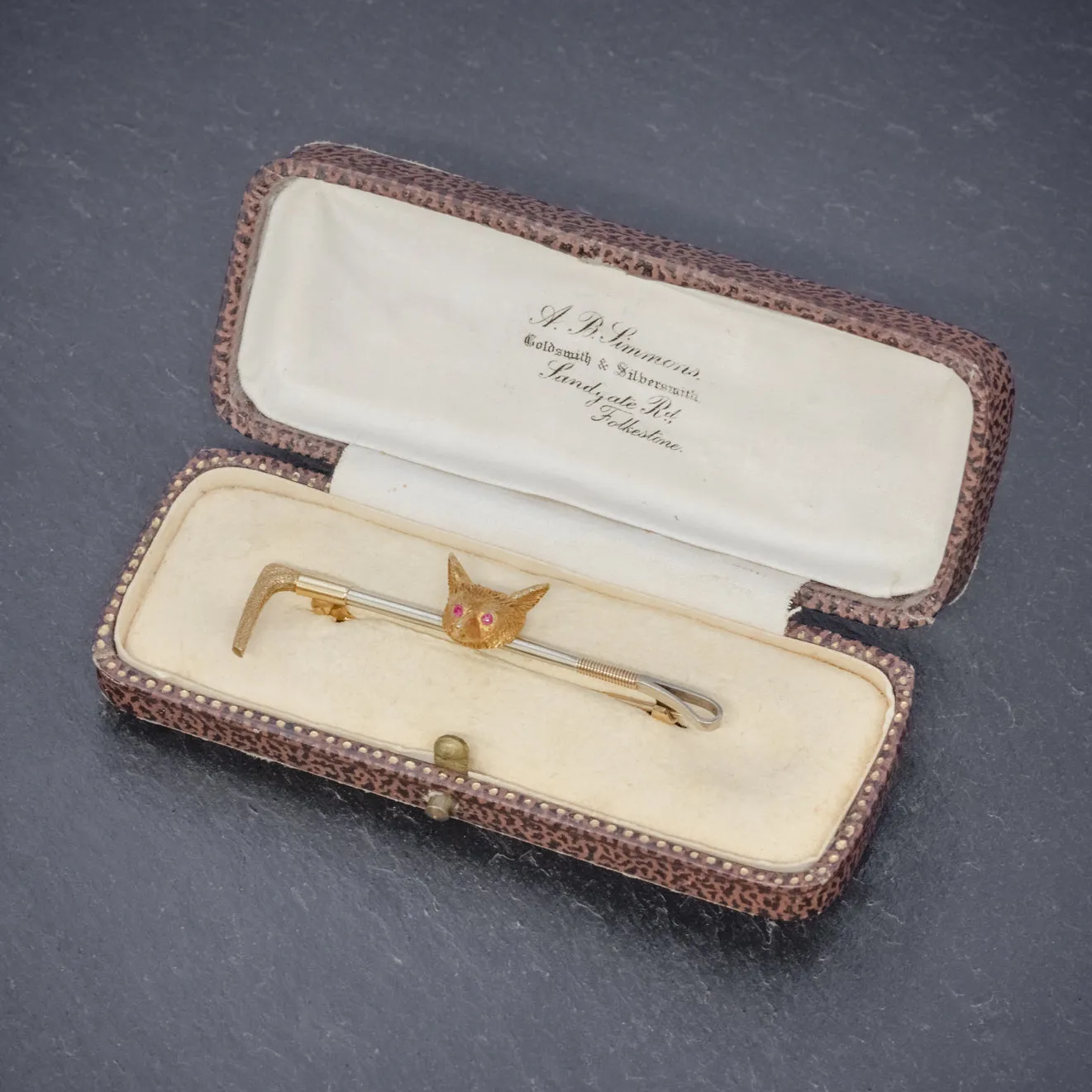 Antique Victorian Fox Riding Crop Brooch 9Ct Gold Circa 1880 Boxed