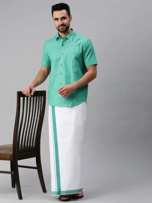 Appealing Rama Green Color Half Sleeve Cotton Dhoti Set With Fancy Border For Men