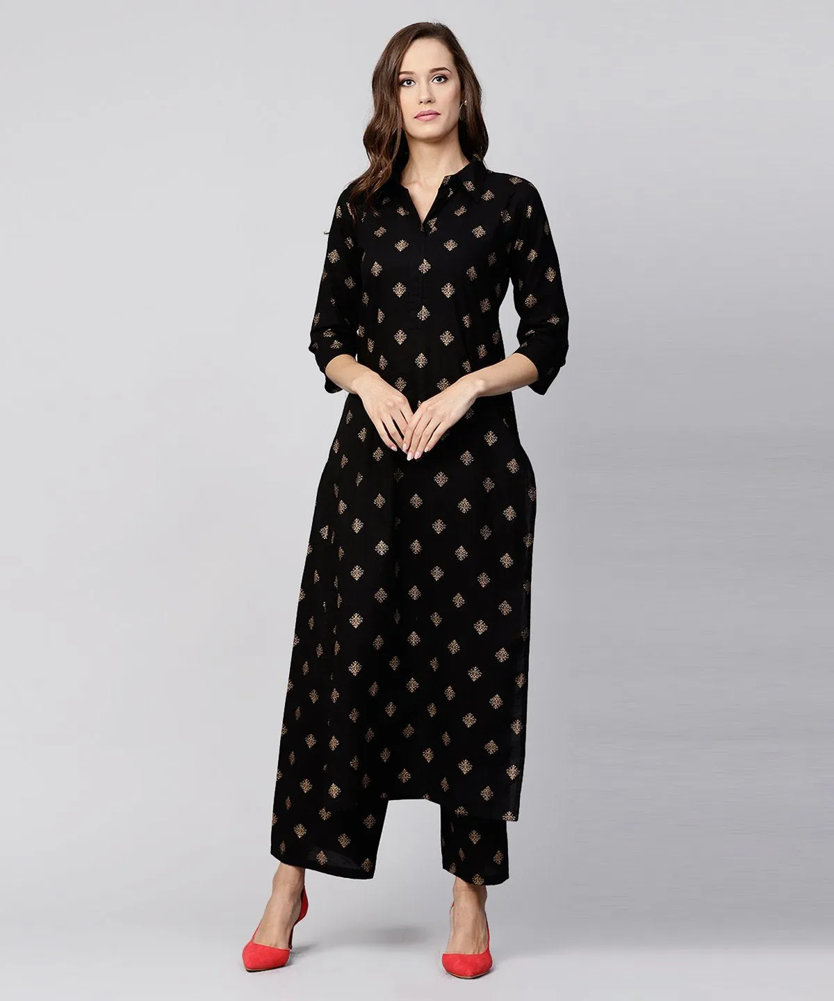 Black Printed 3/4Th Sleeve Cotton Kurta With Printed Pallazo