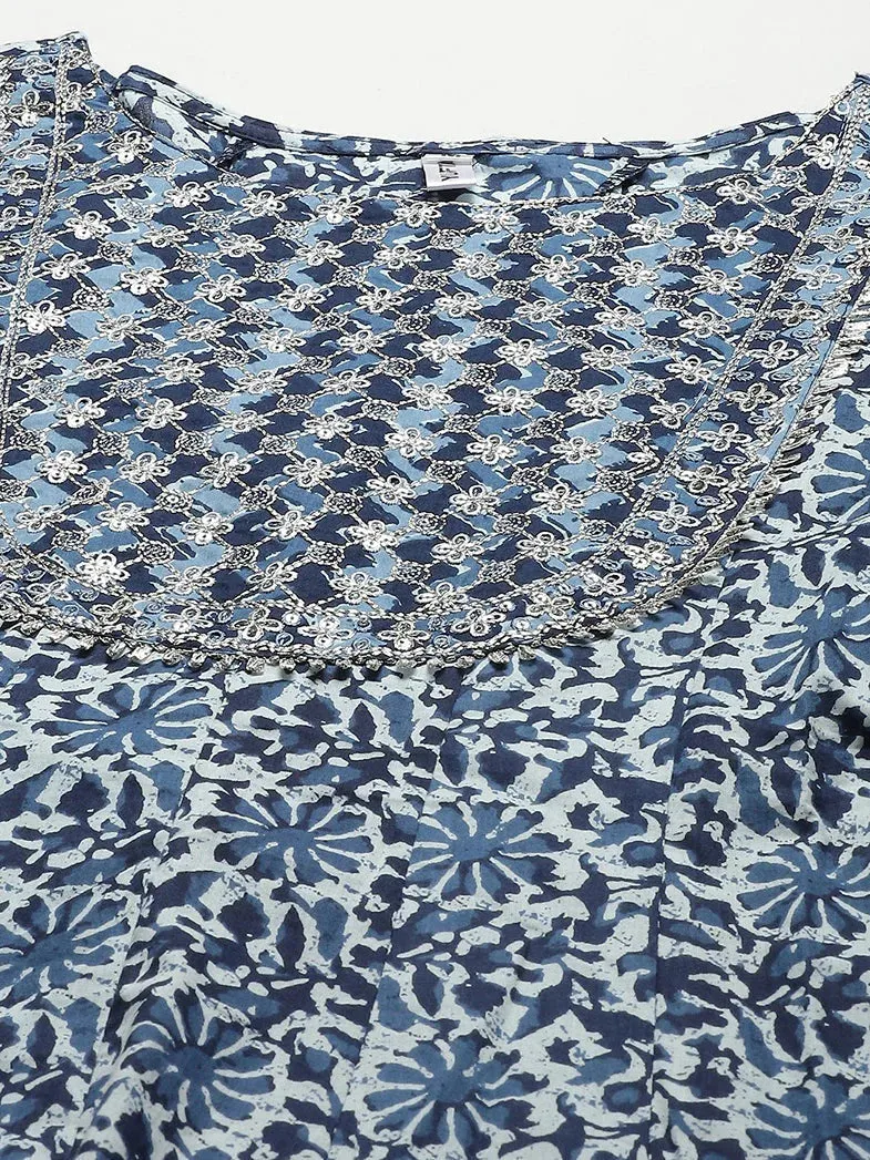 Blue Cotton Hand Block Printed Dupatta Set