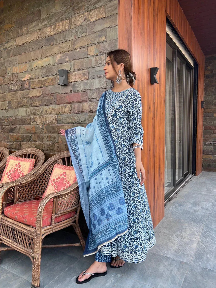 Blue Cotton Hand Block Printed Dupatta Set