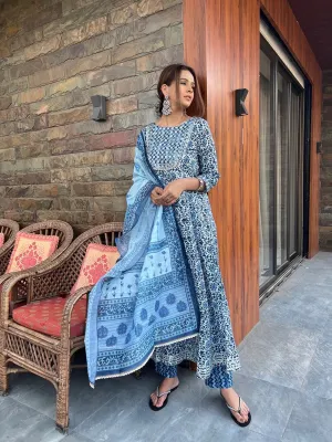 Blue Cotton Hand Block Printed Dupatta Set