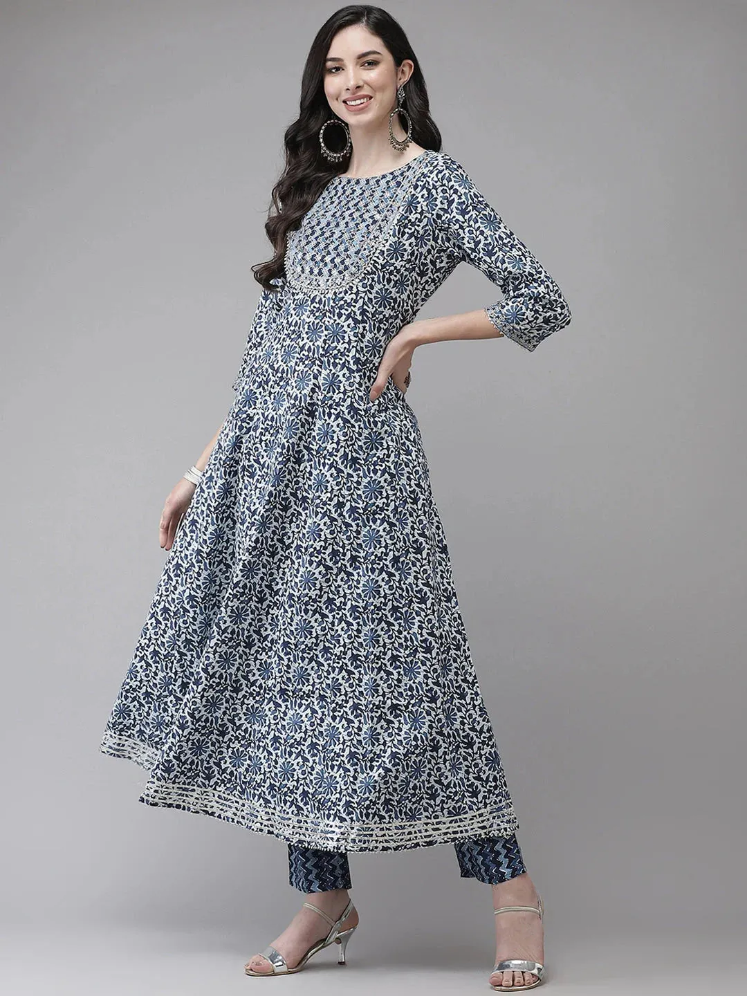 Blue Cotton Hand Block Printed Dupatta Set