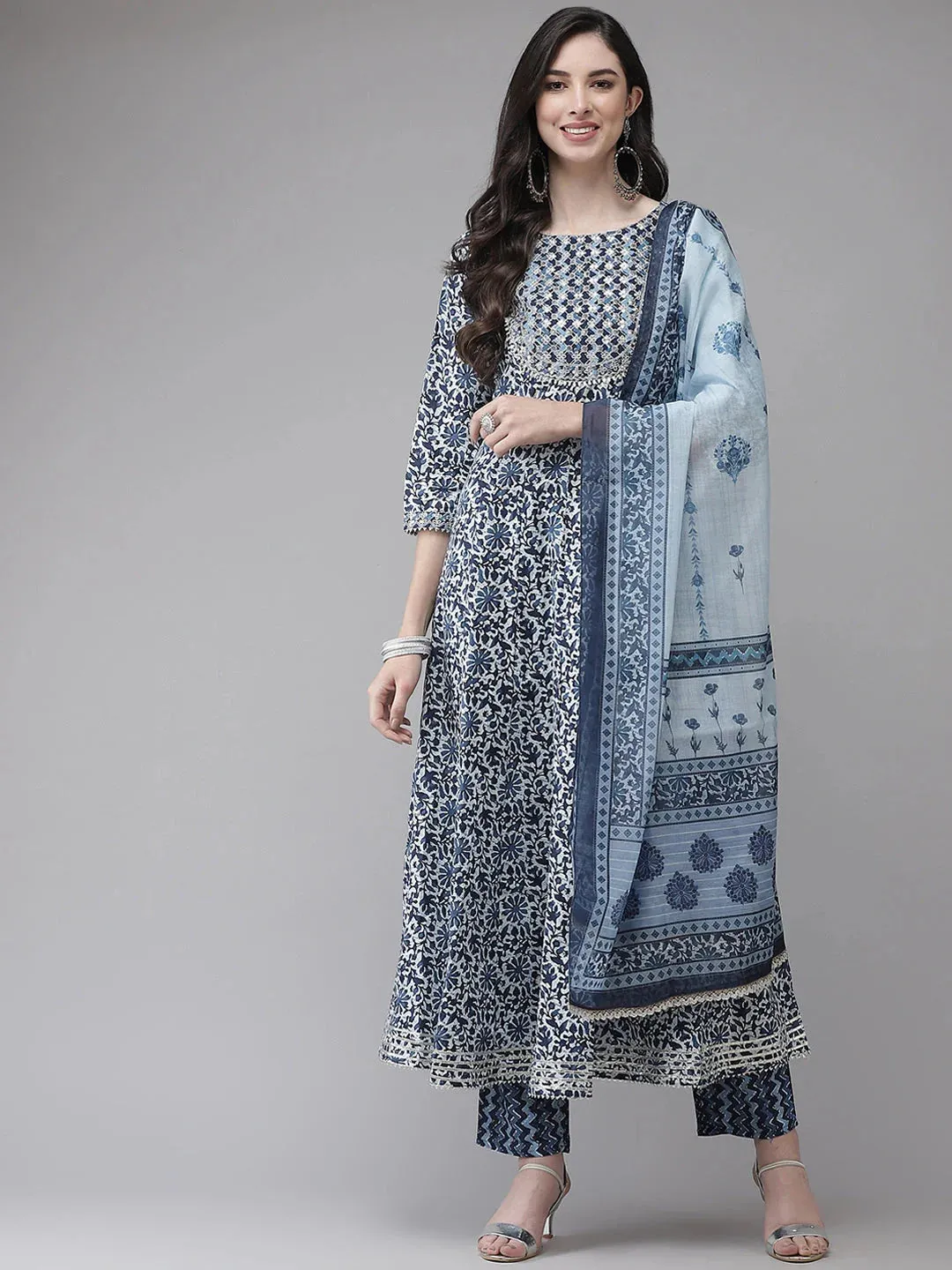 Blue Cotton Hand Block Printed Dupatta Set