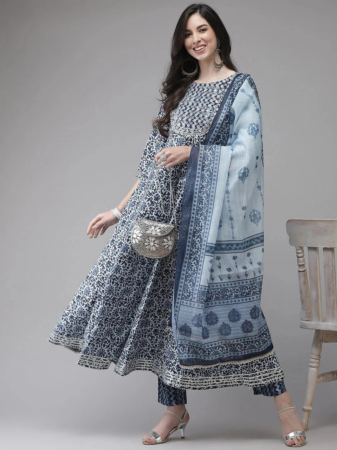 Blue Cotton Hand Block Printed Dupatta Set