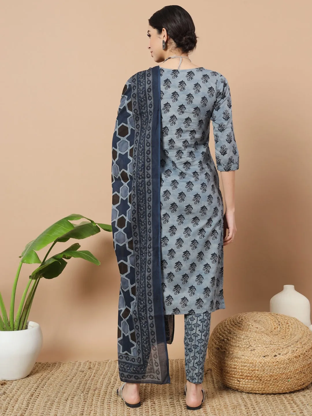 Blue Ethnic Motifs Block Print Straight Kurta Trouser And Dupatta Set