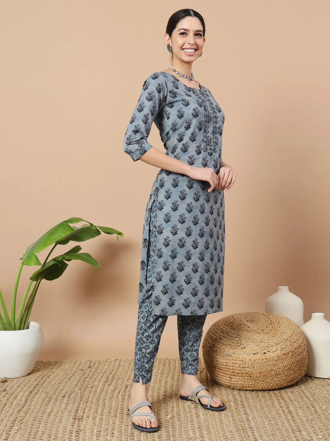 Blue Ethnic Motifs Block Print Straight Kurta Trouser And Dupatta Set