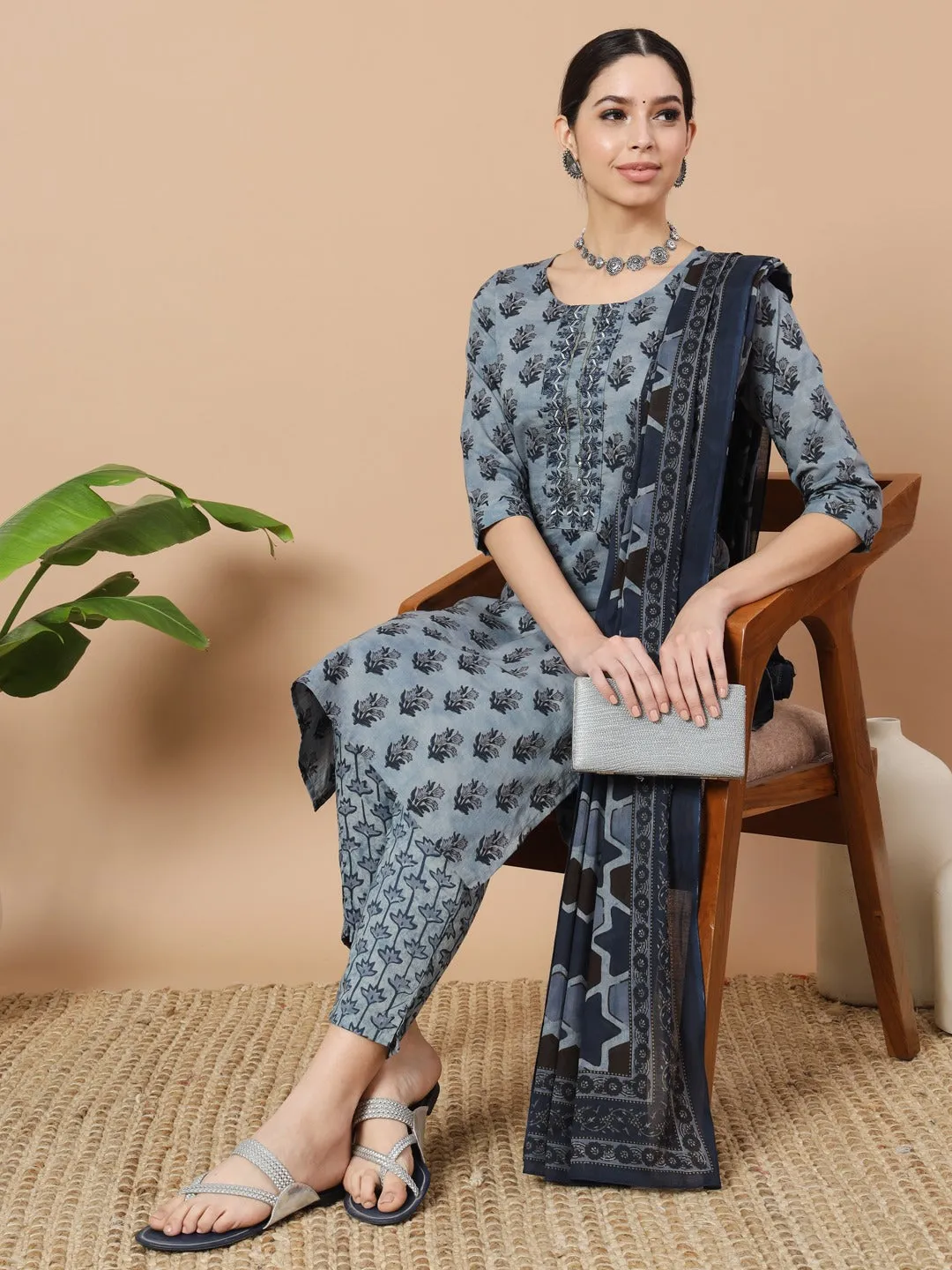 Blue Ethnic Motifs Block Print Straight Kurta Trouser And Dupatta Set