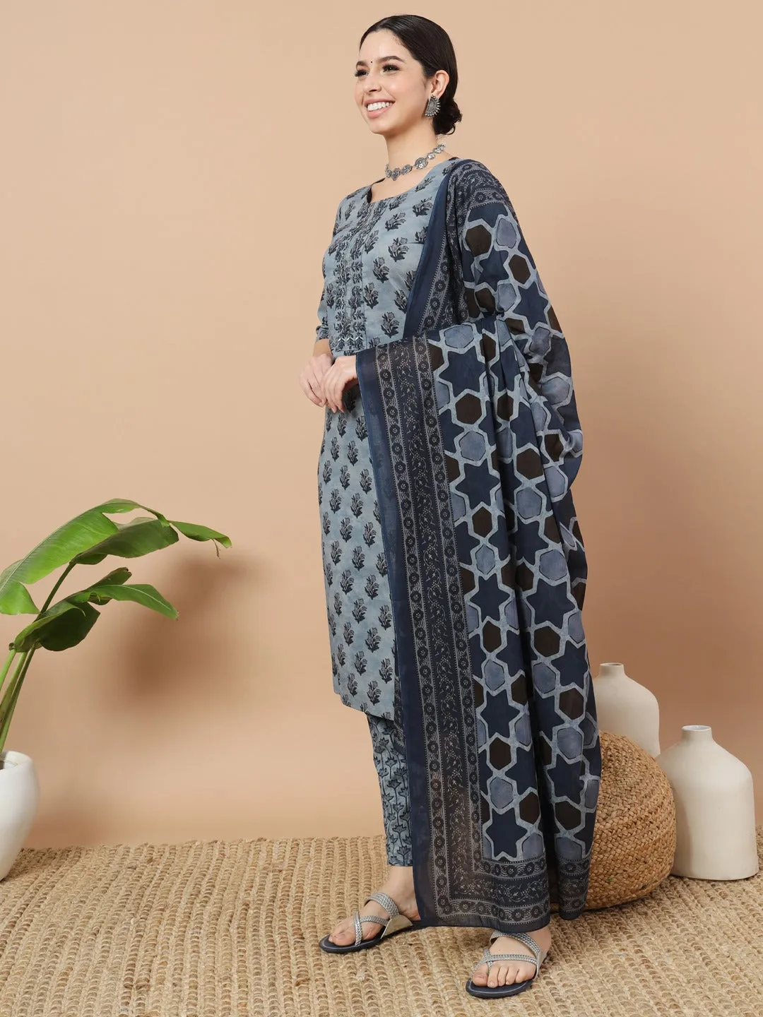 Blue Ethnic Motifs Block Print Straight Kurta Trouser And Dupatta Set