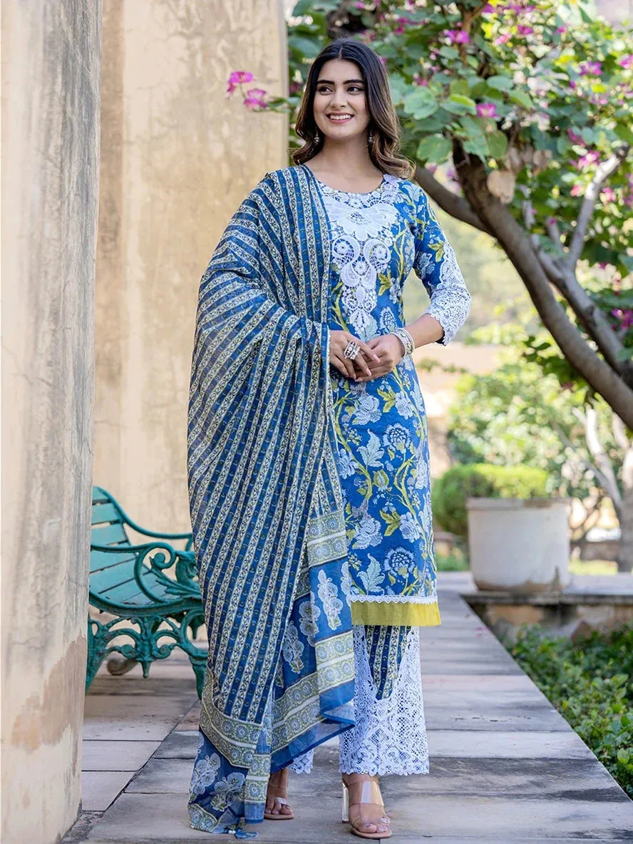 Blue Floral Print,Thread_Work Pakistani Style Kurta Trouser And Dupatta Set