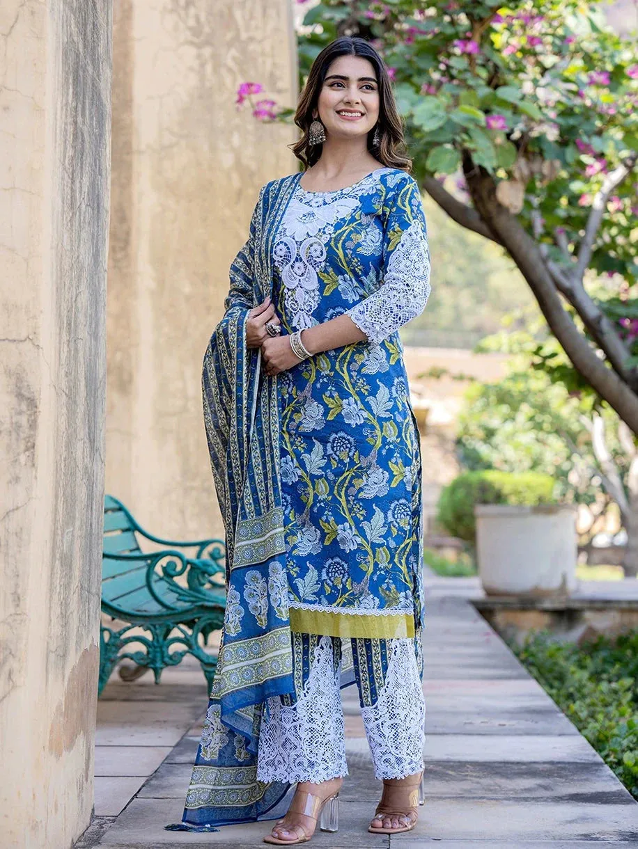 Blue Floral Print,Thread_Work Pakistani Style Kurta Trouser And Dupatta Set