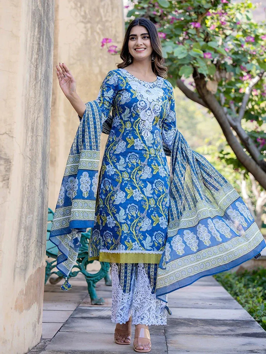 Blue Floral Print,Thread_Work Pakistani Style Kurta Trouser And Dupatta Set