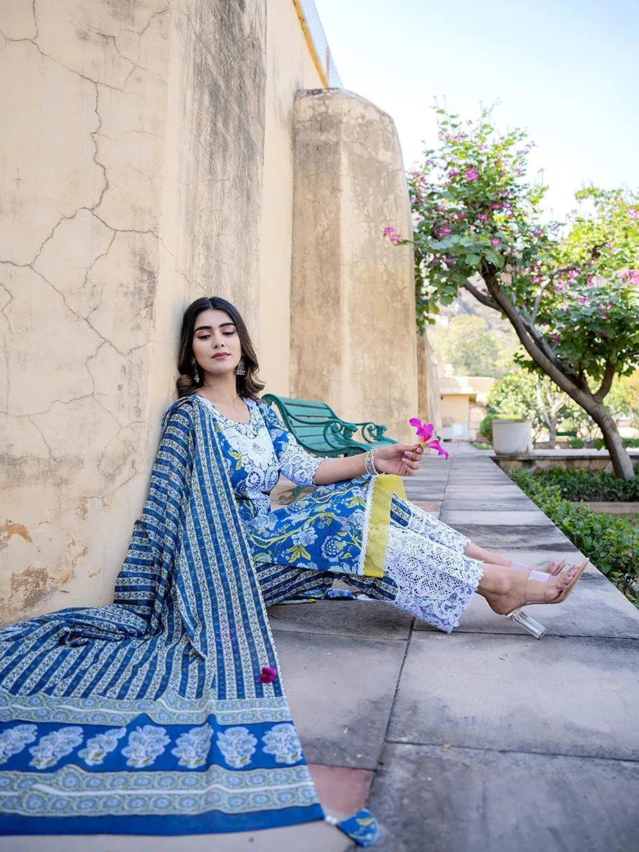 Blue Floral Print,Thread_Work Pakistani Style Kurta Trouser And Dupatta Set