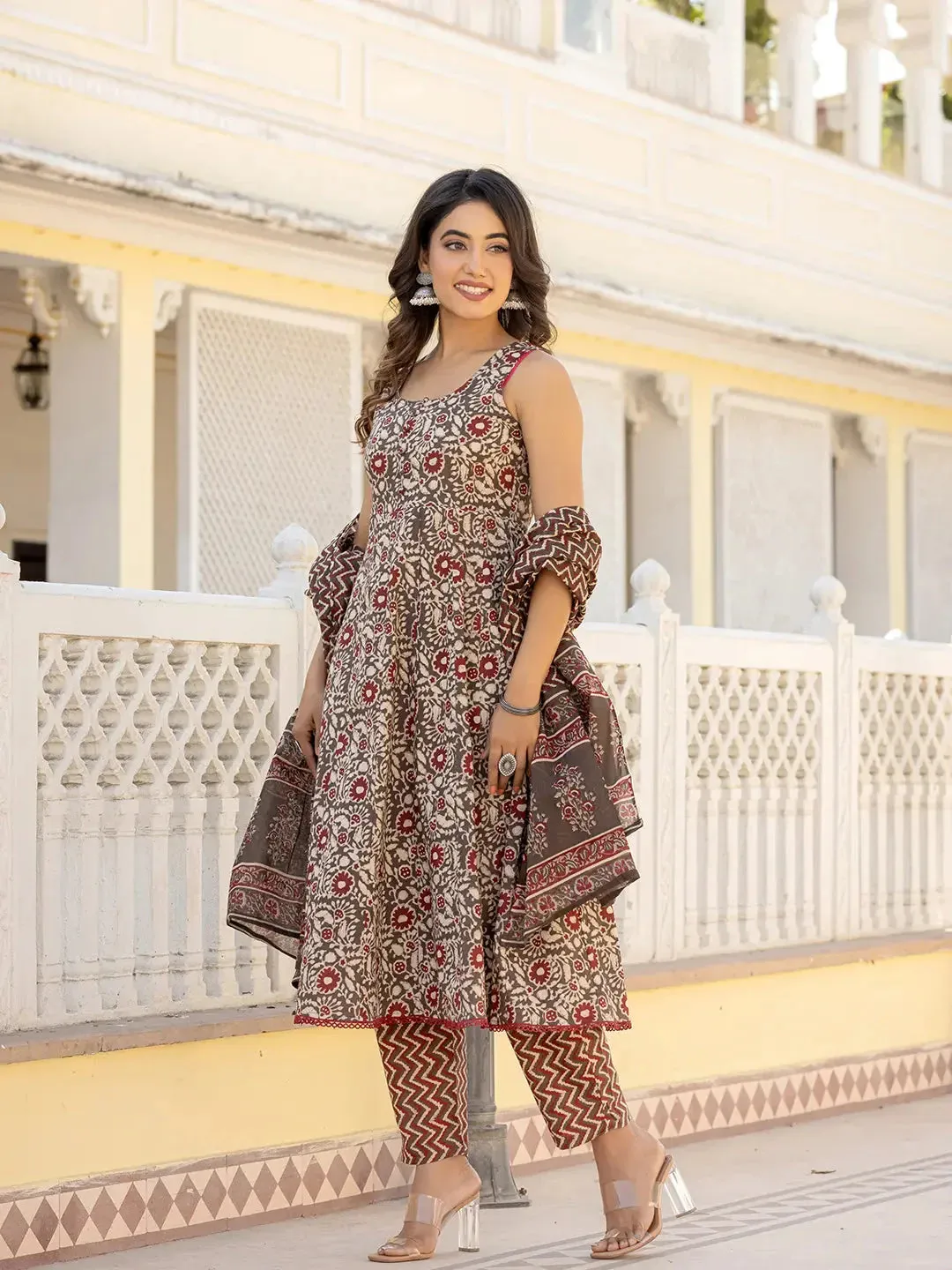 Brown Floral Print Anarkali Kurta Trouser And Dupatta Set