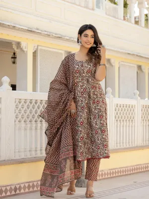 Brown Floral Print Anarkali Kurta Trouser And Dupatta Set