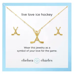 CC Sport Gold Ice Hockey Charm Necklace and Earrings Gift Set