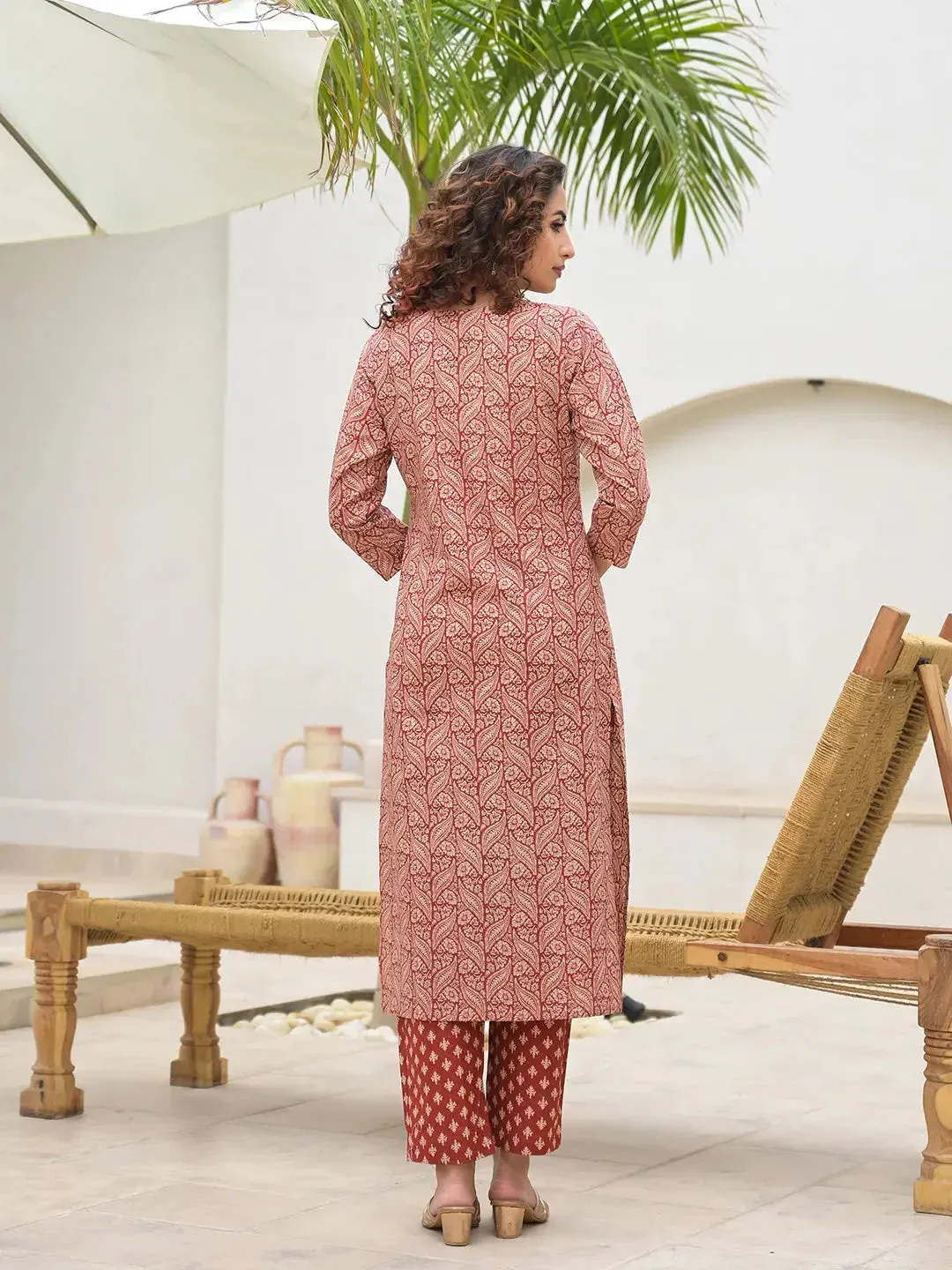 Embroidered Printed Maroon Cotton Kurta Set With Dupatta Set