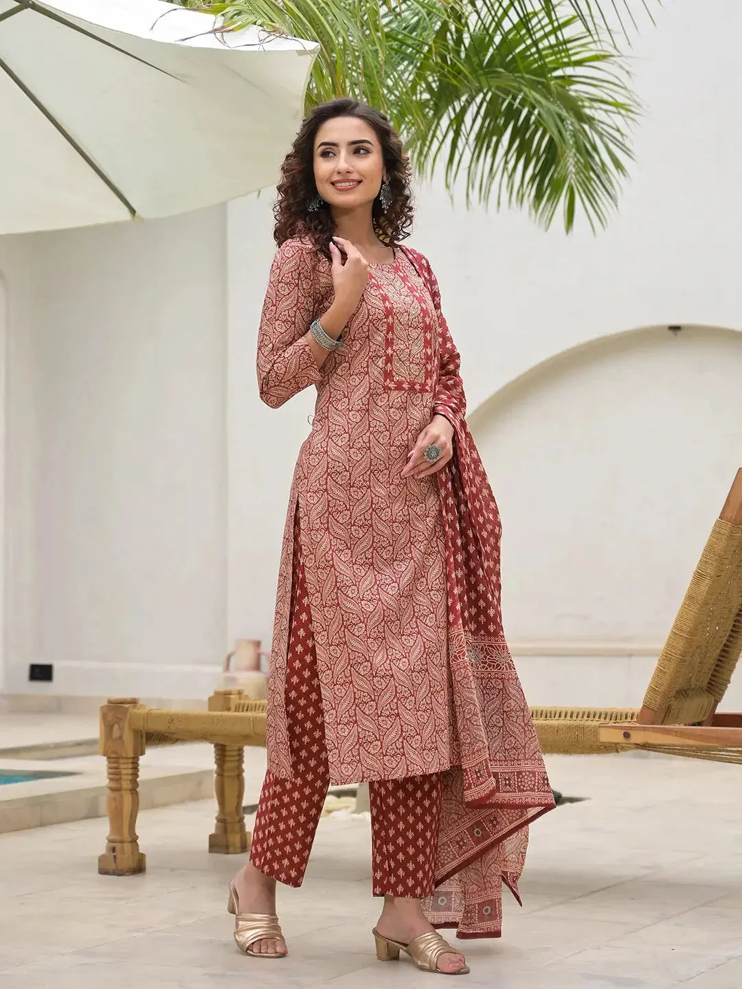 Embroidered Printed Maroon Cotton Kurta Set With Dupatta Set