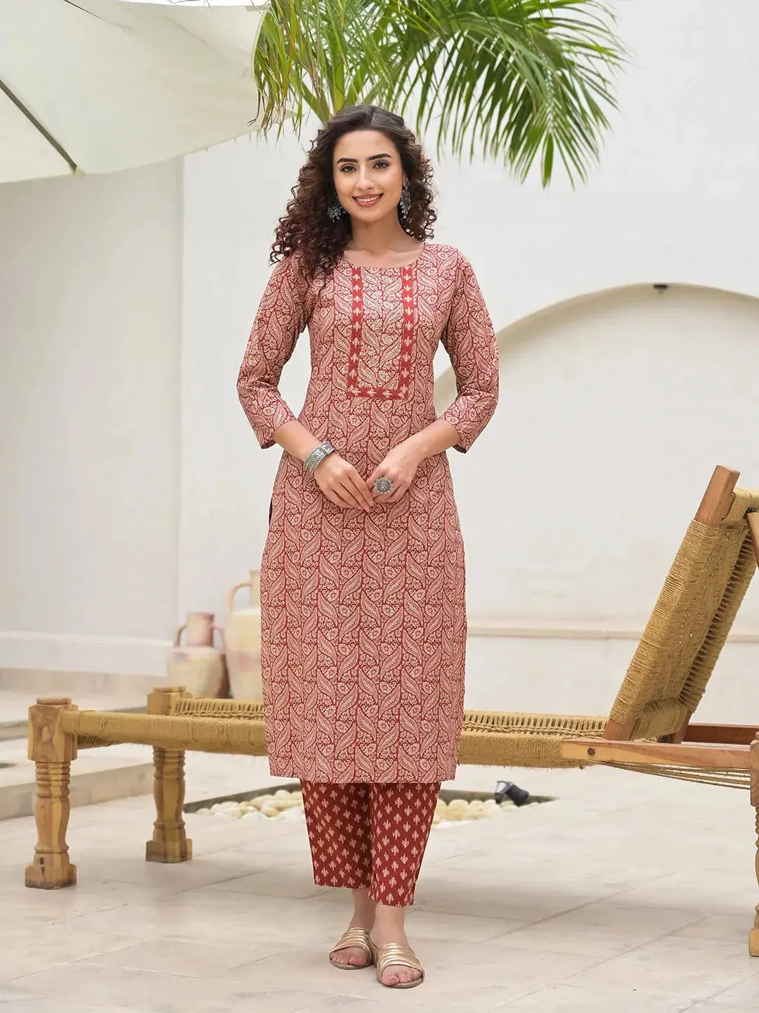 Embroidered Printed Maroon Cotton Kurta Set With Dupatta Set