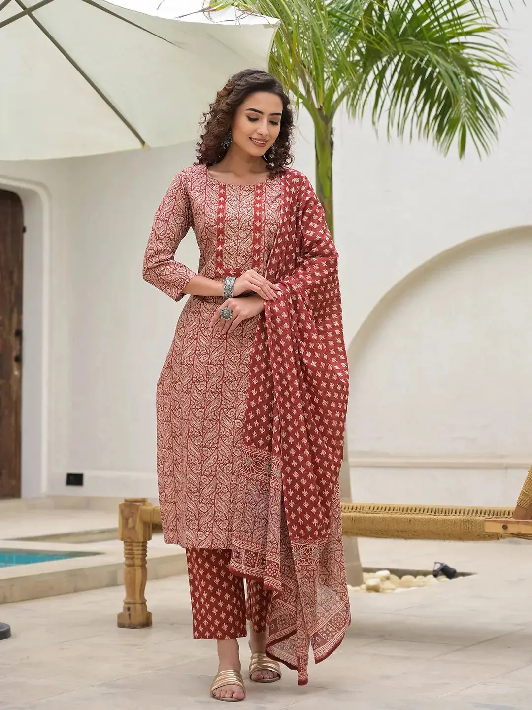 Embroidered Printed Maroon Cotton Kurta Set With Dupatta Set