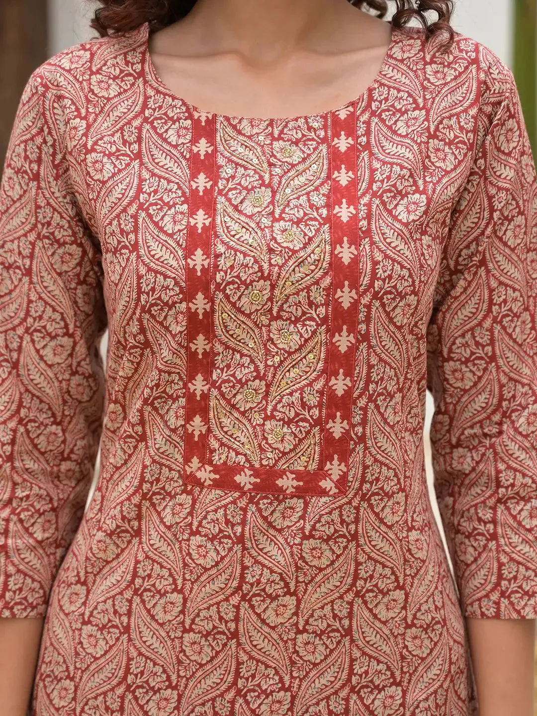 Embroidered Printed Maroon Cotton Kurta Set With Dupatta Set