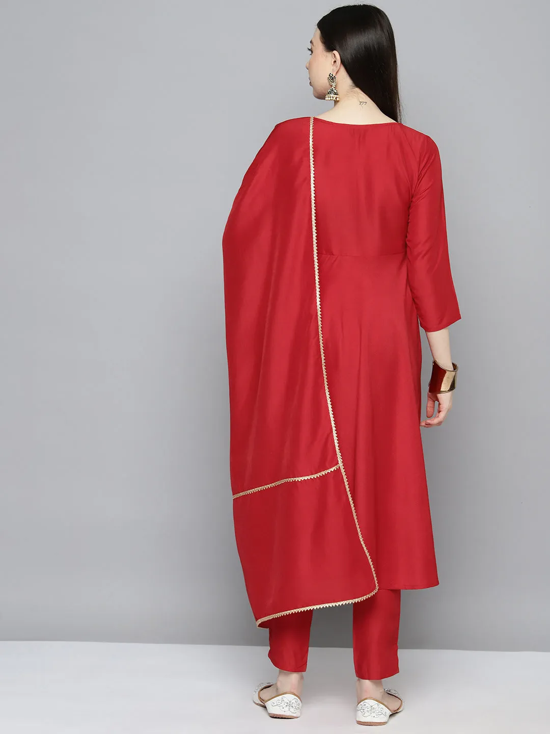 Embroidered Silk Flared Kurta,Pant With Dupatta Set