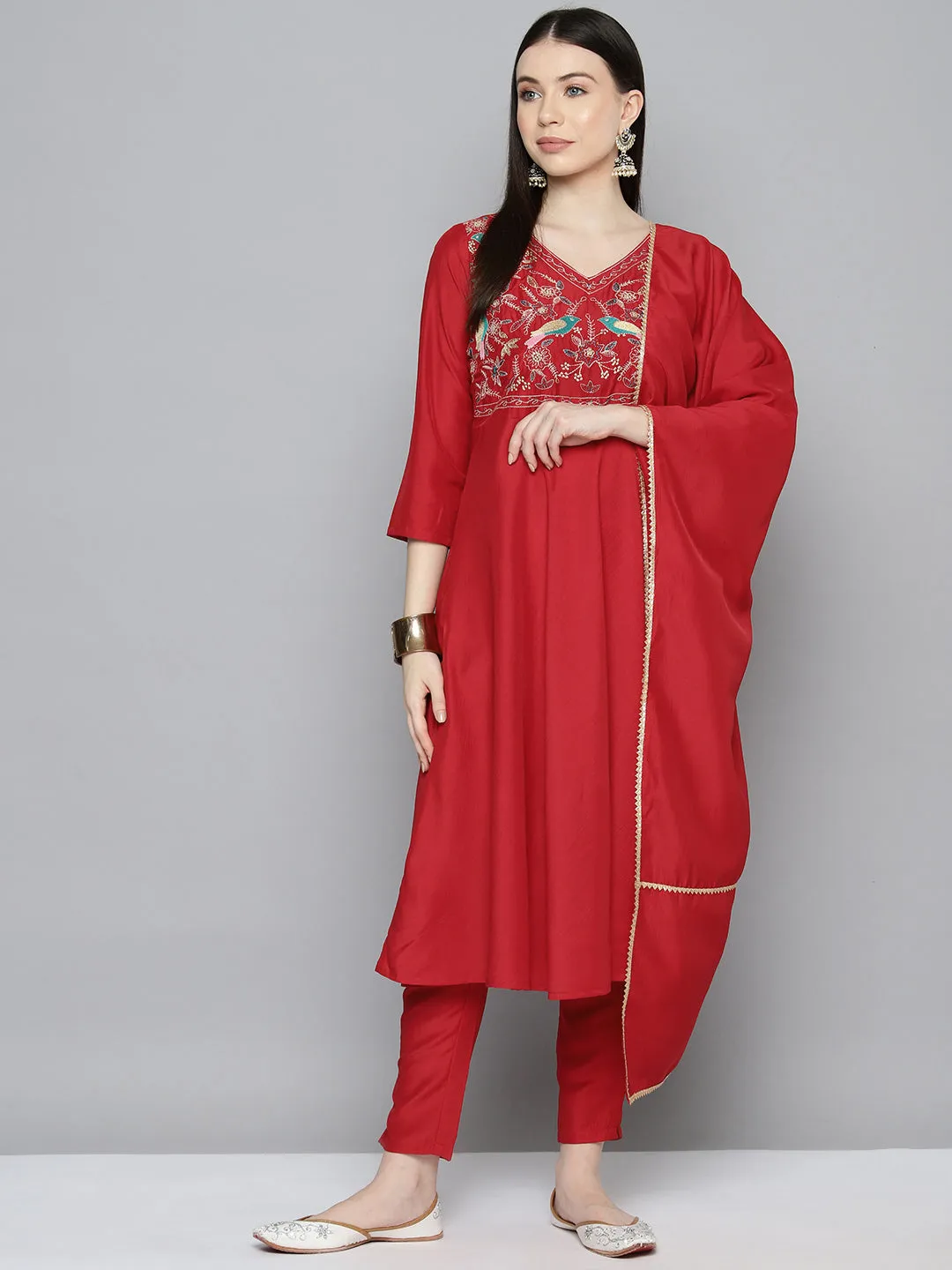 Embroidered Silk Flared Kurta,Pant With Dupatta Set