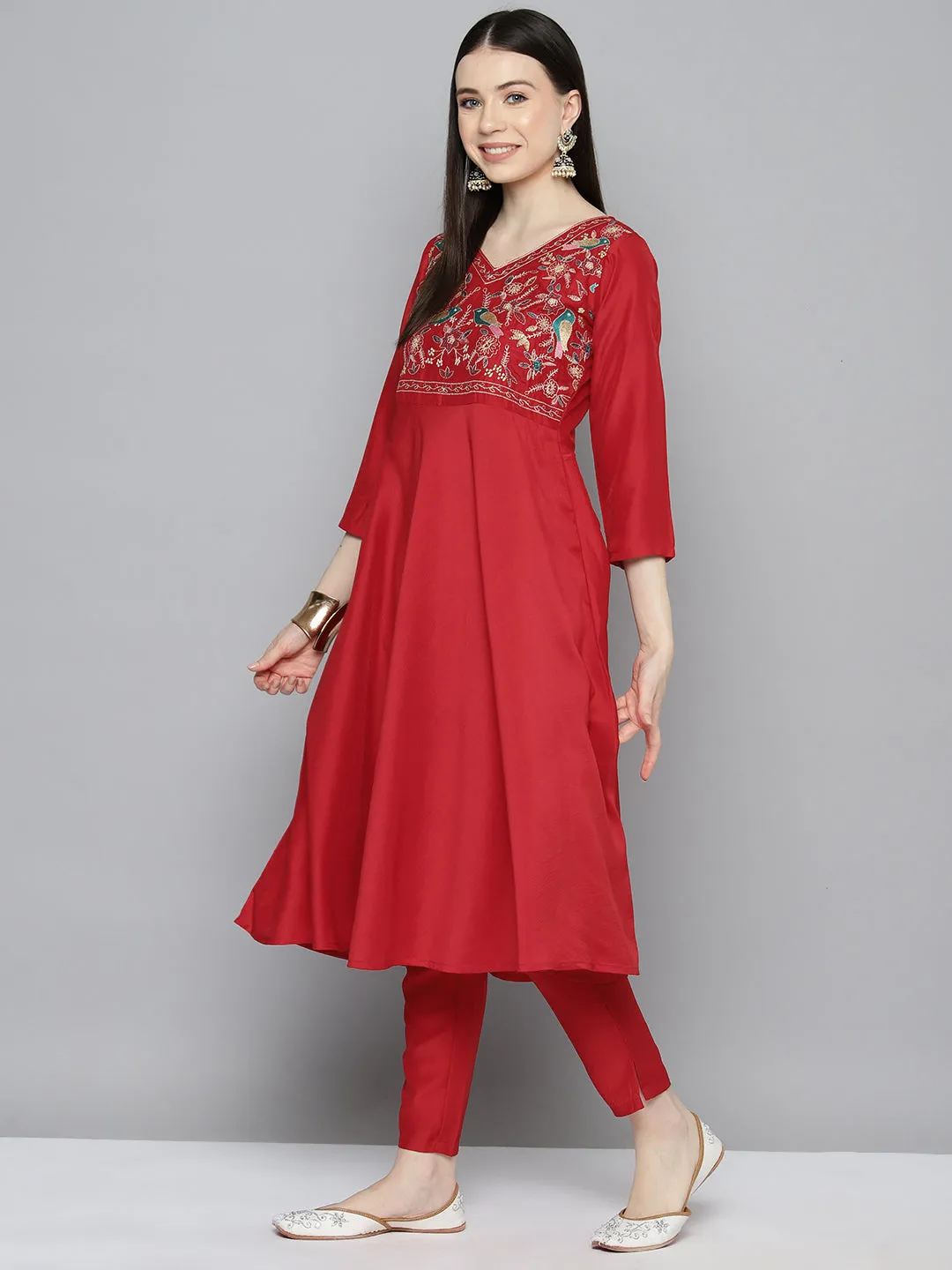 Embroidered Silk Flared Kurta,Pant With Dupatta Set