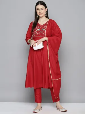 Embroidered Silk Flared Kurta,Pant With Dupatta Set