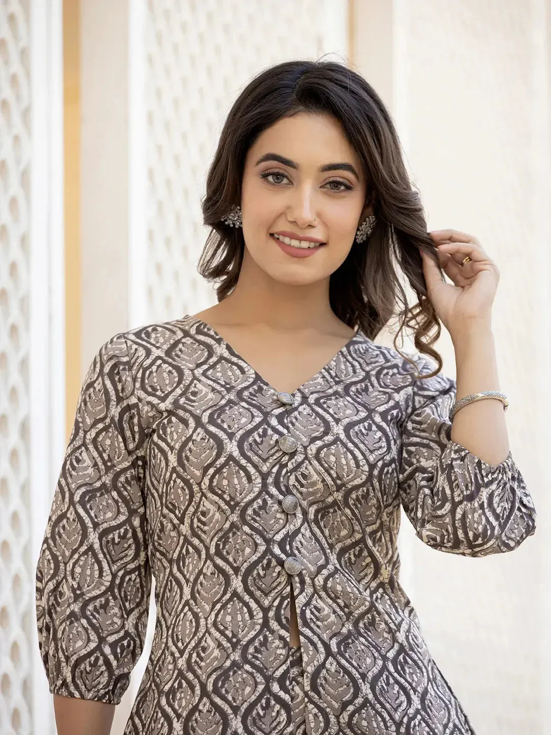 Ethnic Motifs Print Grey Cotton A-Line Co-Ord Set