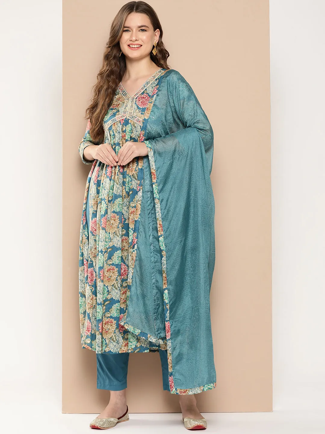 Floral Printed Pleated Patchwork Pure Cotton Kurta With Trousers & Dupatta