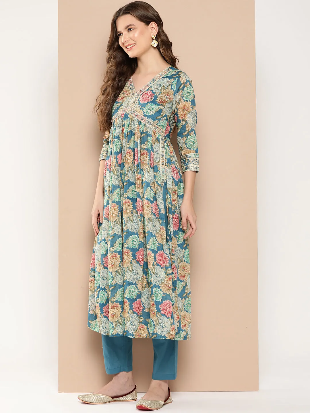 Floral Printed Pleated Patchwork Pure Cotton Kurta With Trousers & Dupatta