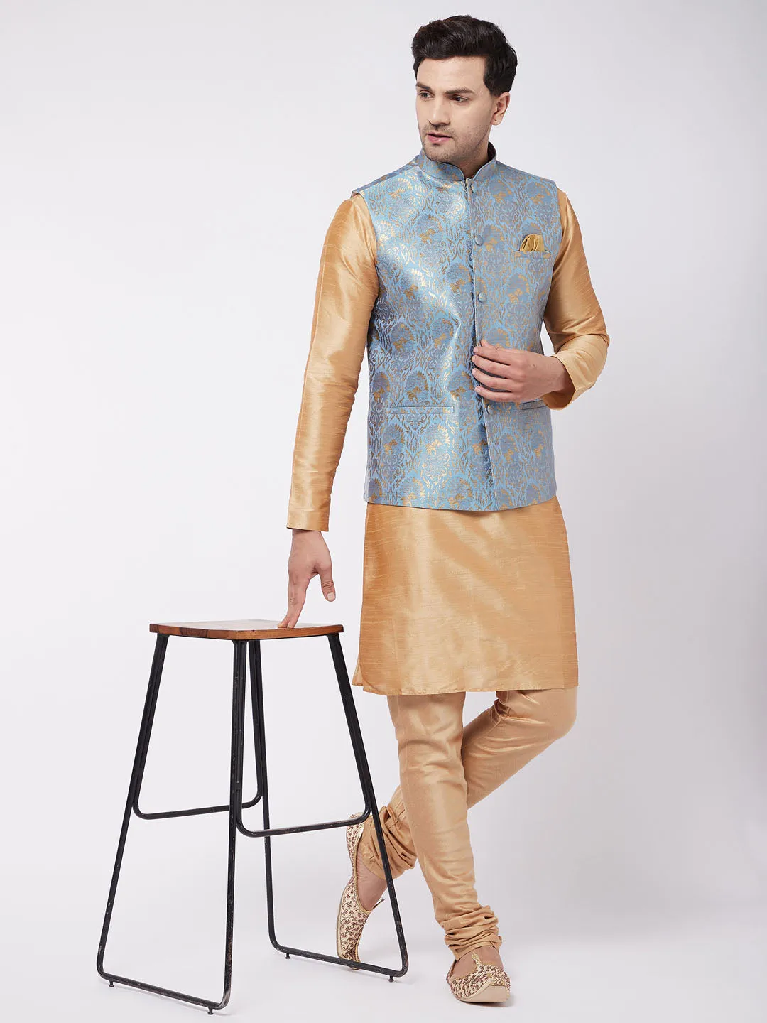 Jashvi Men Grey Jacquard Jacket With Kurta Pyjama Set