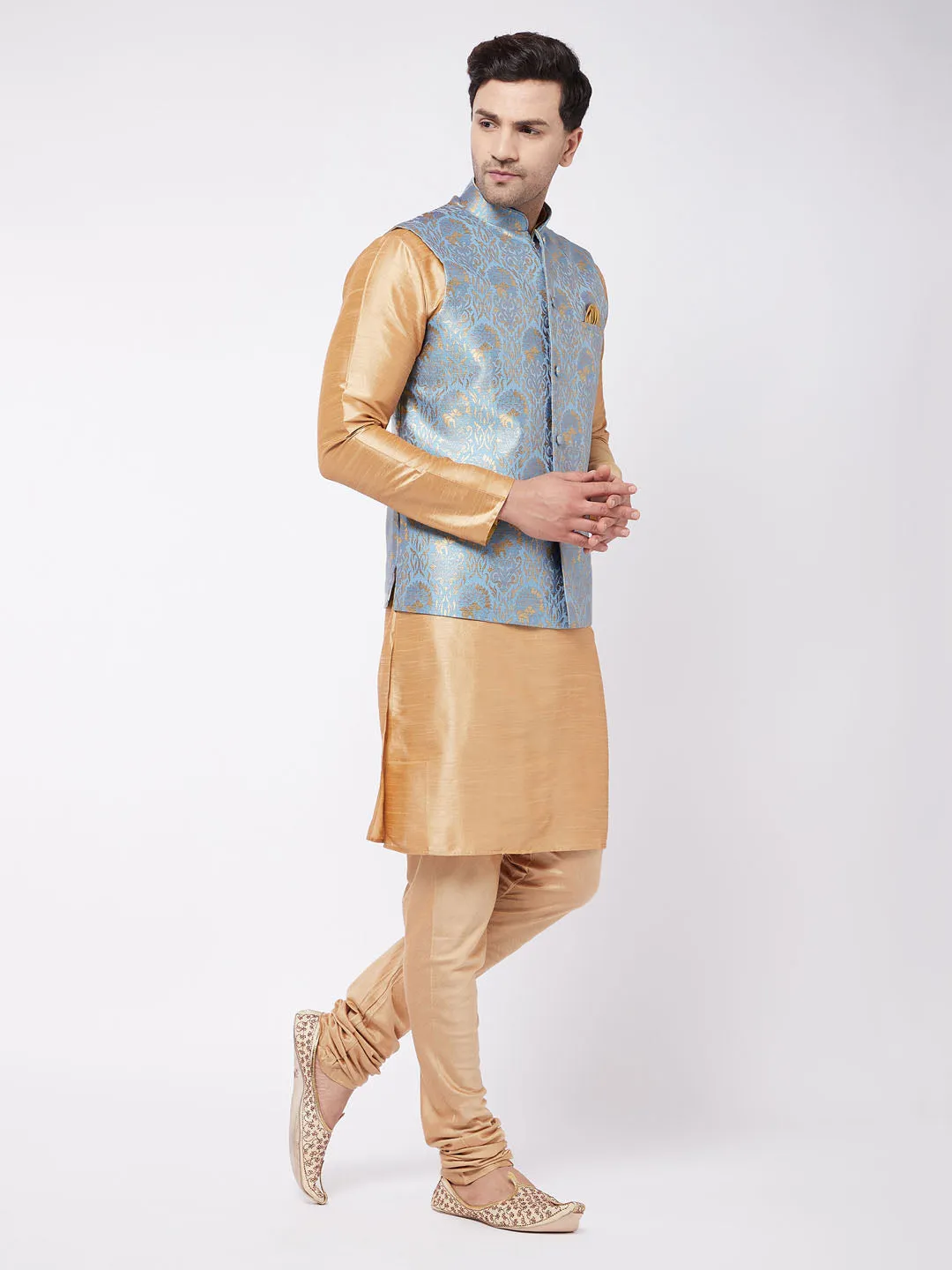 Jashvi Men Grey Jacquard Jacket With Kurta Pyjama Set