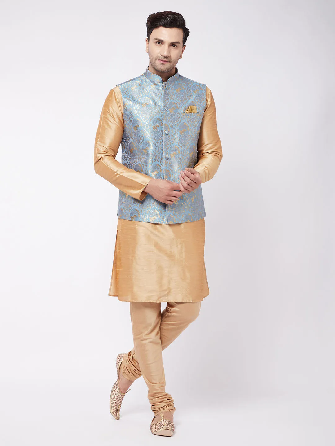 Jashvi Men Grey Jacquard Jacket With Kurta Pyjama Set