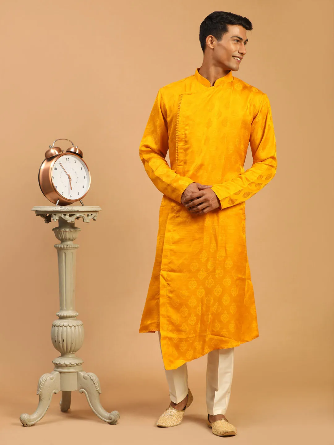 Jashvi Men Yellow Angrakha Kurta With Set