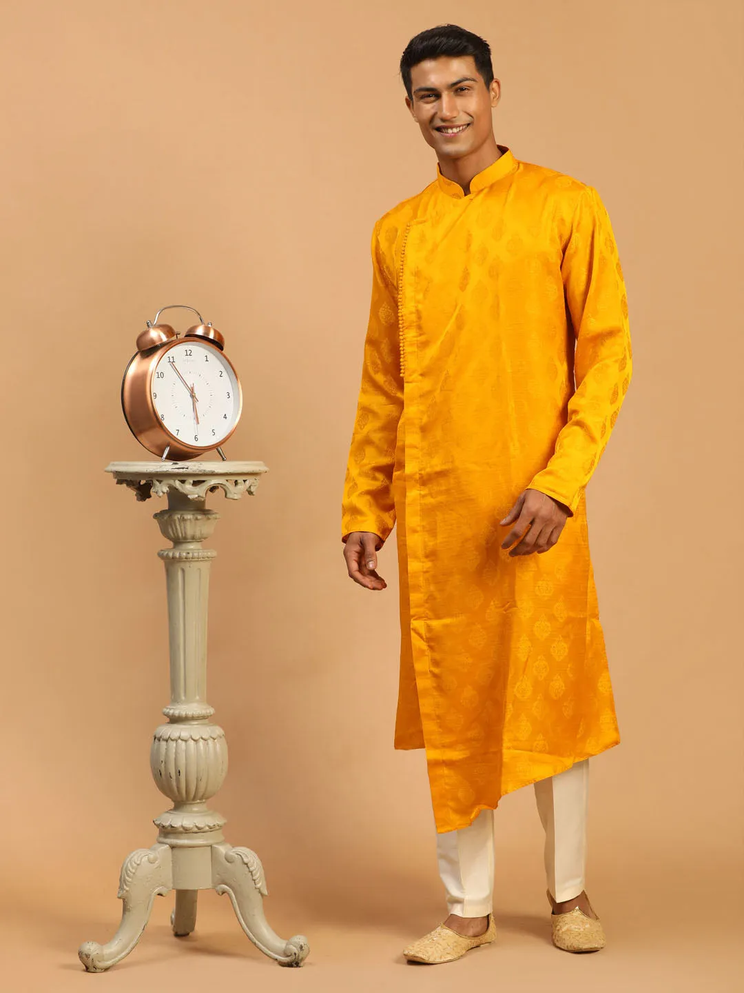 Jashvi Men Yellow Angrakha Kurta With Set