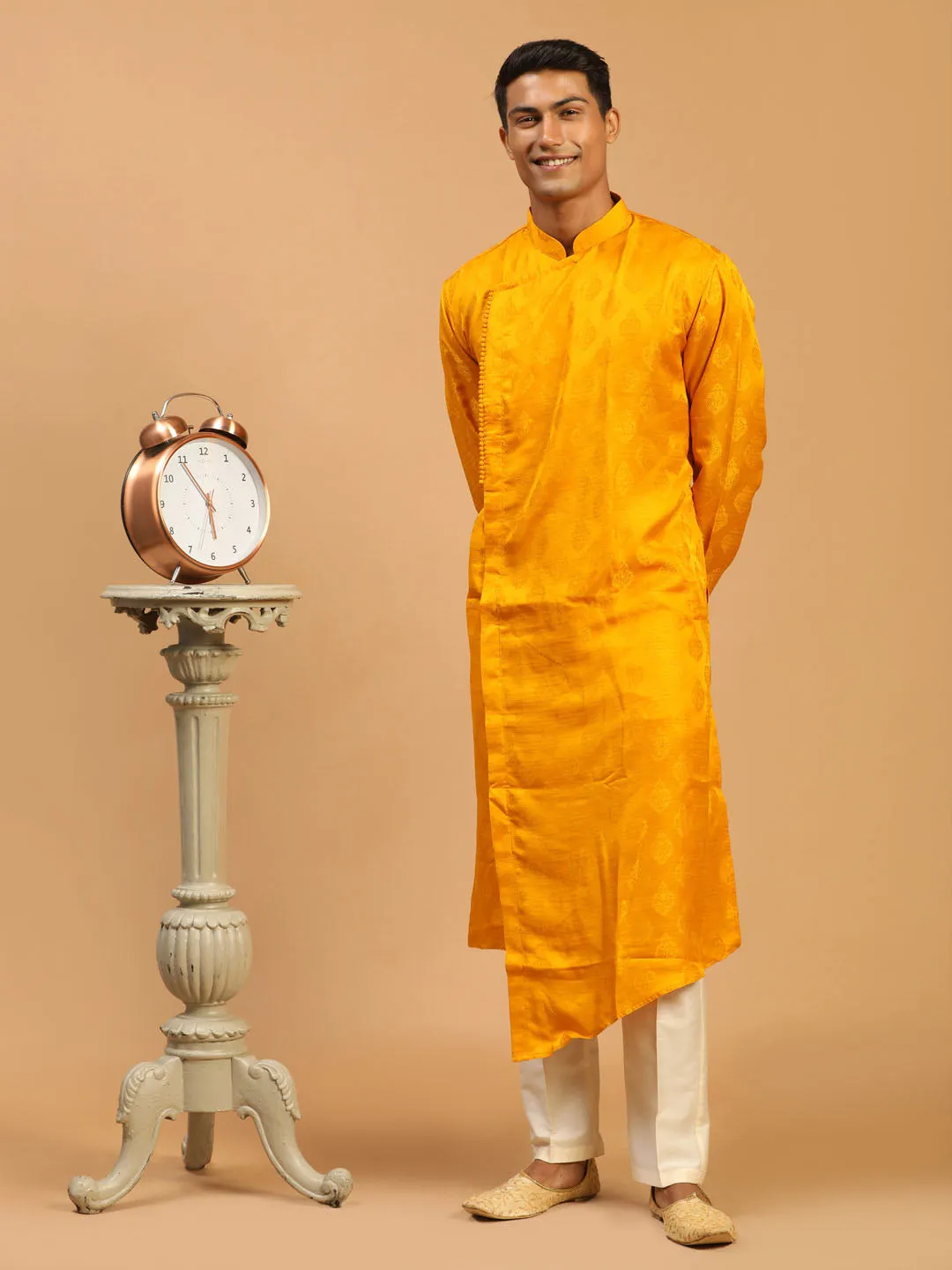 Jashvi Men Yellow Angrakha Kurta With Set