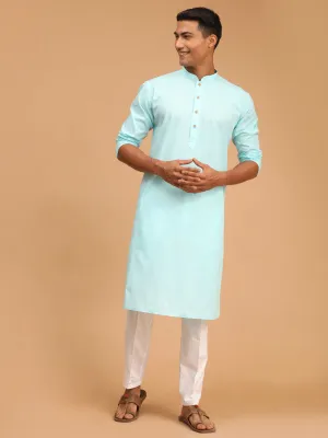 Jashvi Men's Aqua Blue Cotton Kurta and White Cotton Pant Set