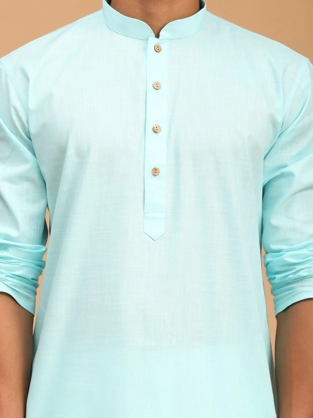 Jashvi Men's Aqua Blue Cotton Kurta and White Cotton Pant Set