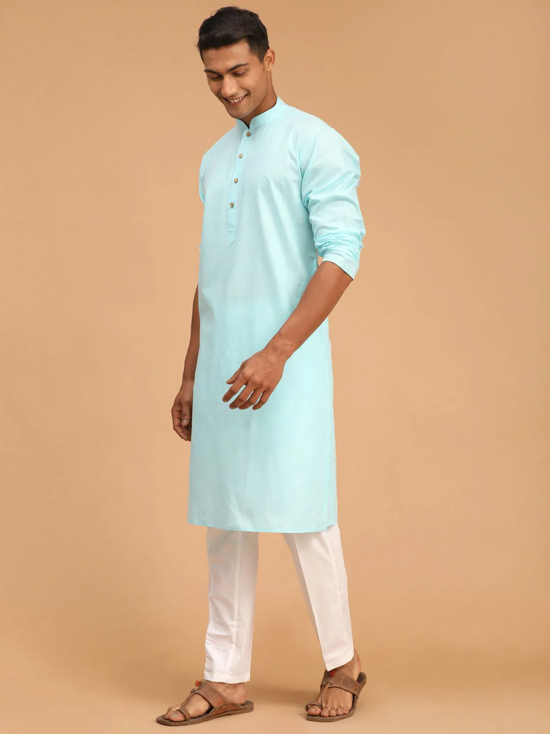 Jashvi Men's Aqua Blue Cotton Kurta and White Cotton Pant Set