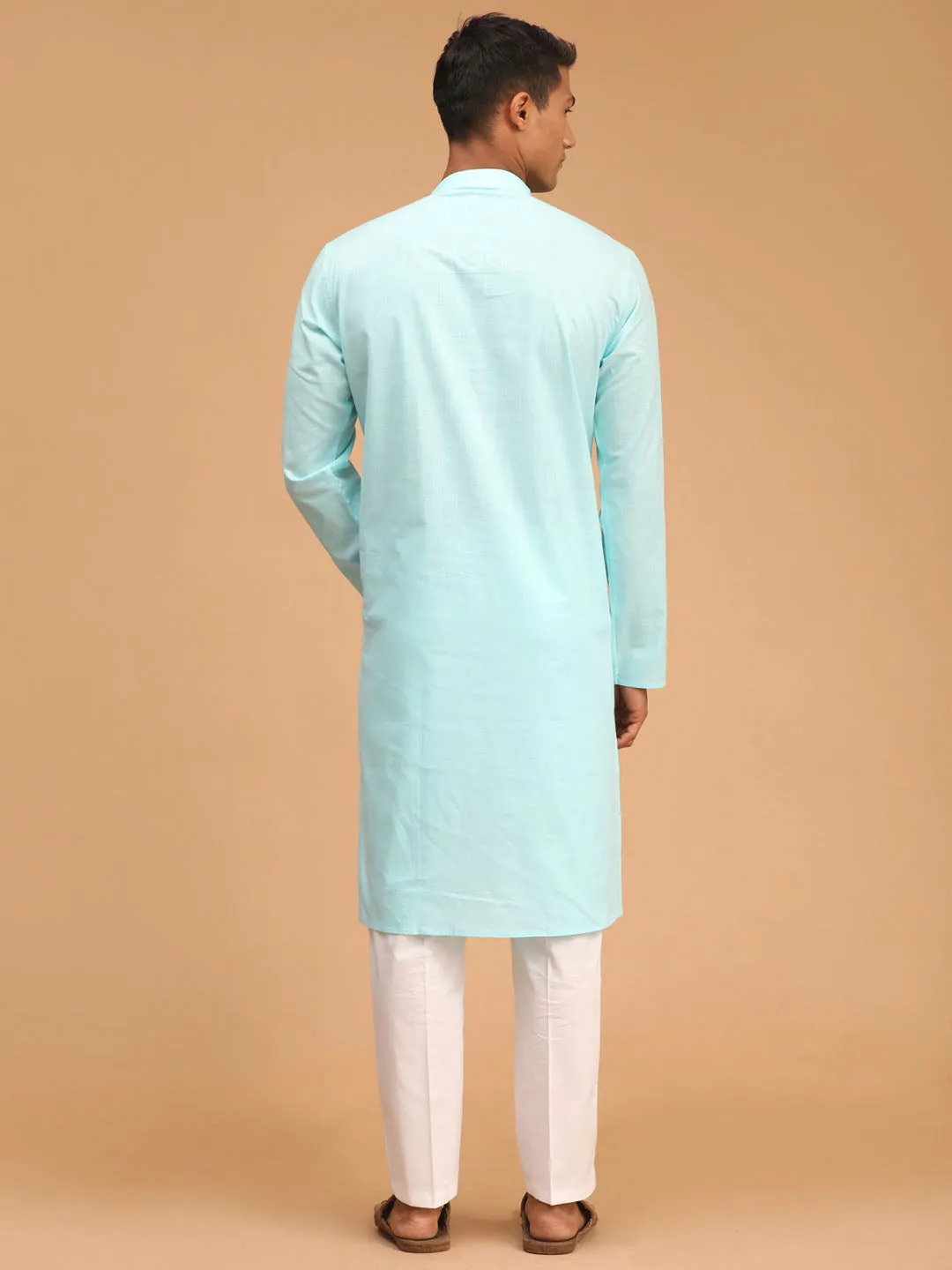 Jashvi Men's Aqua Blue Cotton Kurta and White Cotton Pant Set