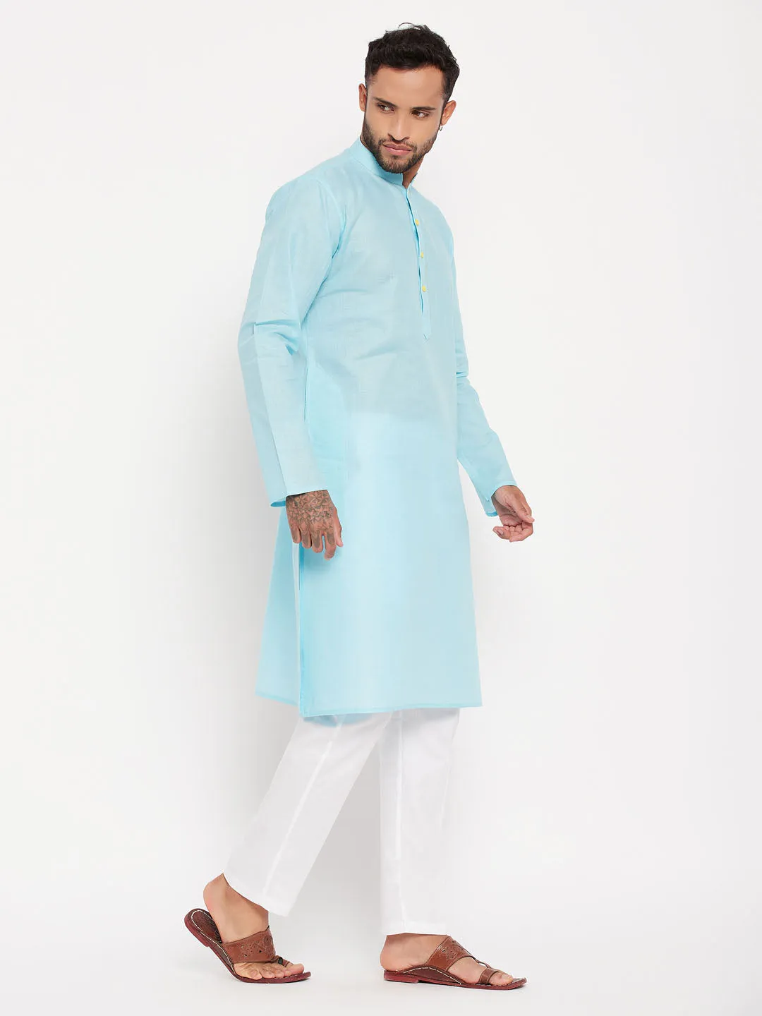 Jashvi Men's Aqua Blue Kurta And White Pant Style Pyjama Set