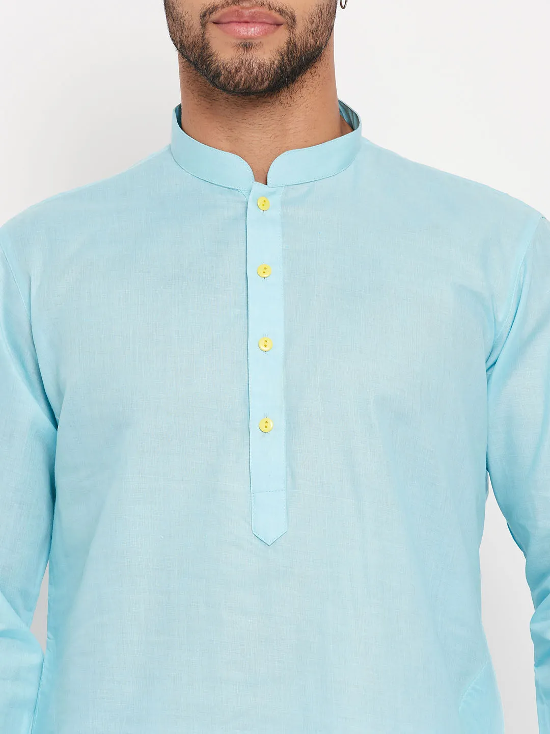 Jashvi Men's Aqua Blue Kurta And White Pant Style Pyjama Set