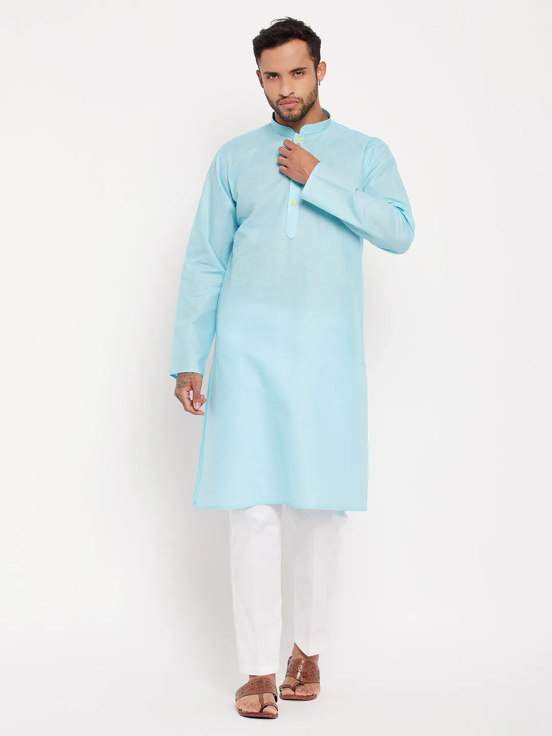 Jashvi Men's Aqua Blue Kurta And White Pant Style Pyjama Set