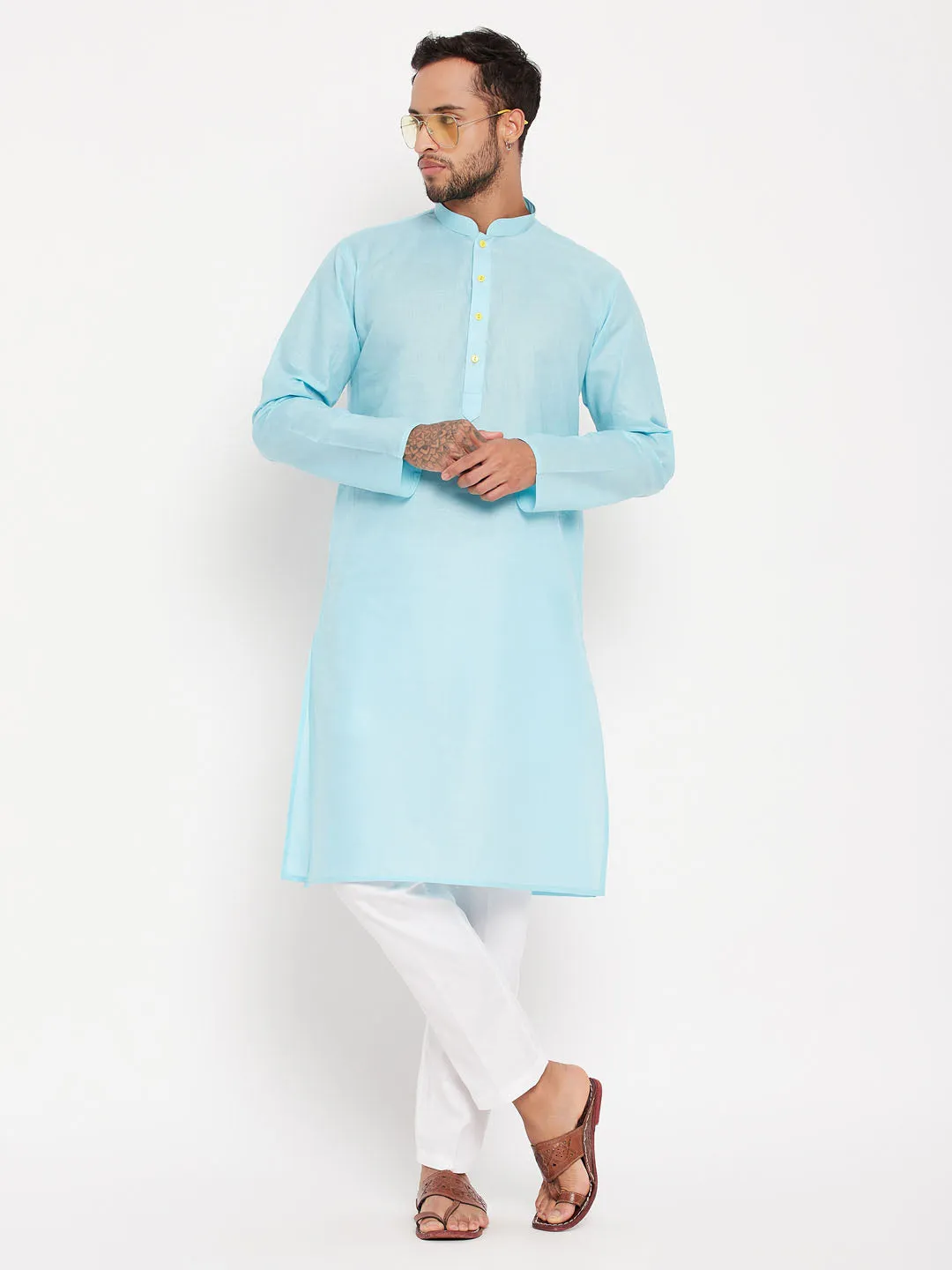 Jashvi Men's Aqua Blue Kurta And White Pant Style Pyjama Set