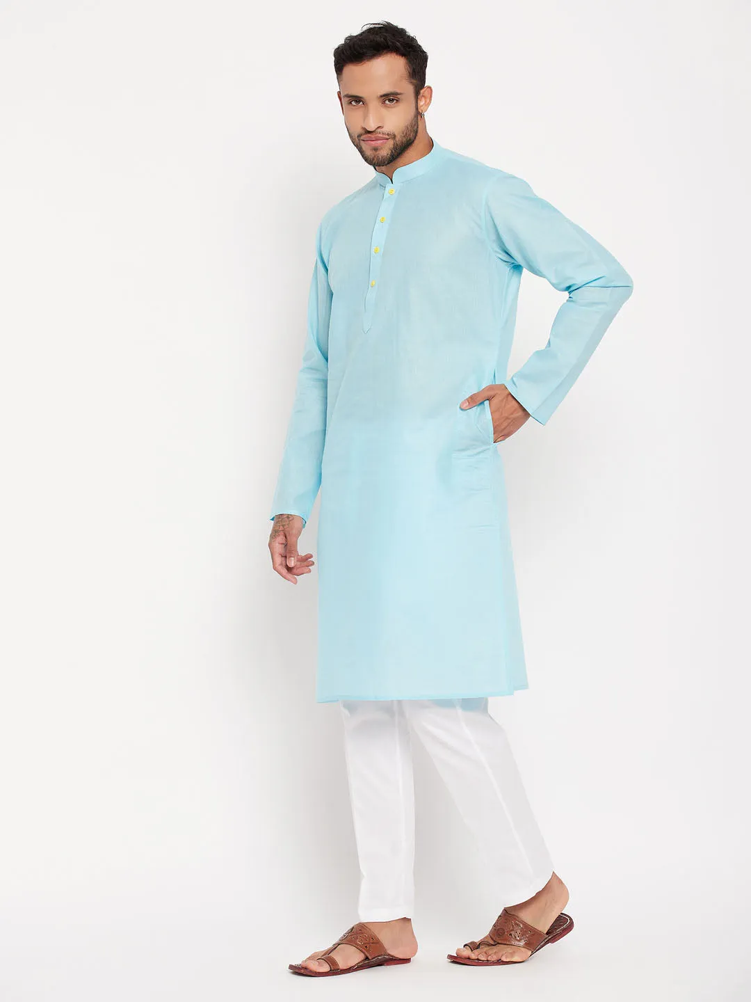 Jashvi Men's Aqua Blue Kurta And White Pant Style Pyjama Set