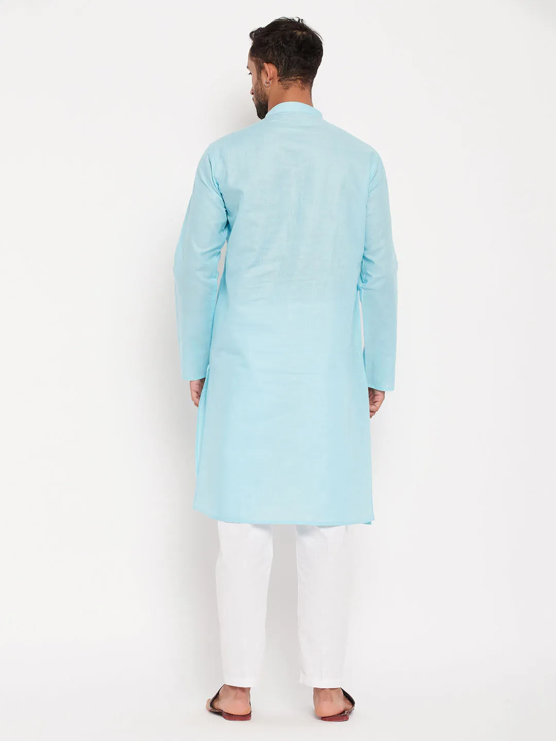 Jashvi Men's Aqua Blue Kurta And White Pant Style Pyjama Set