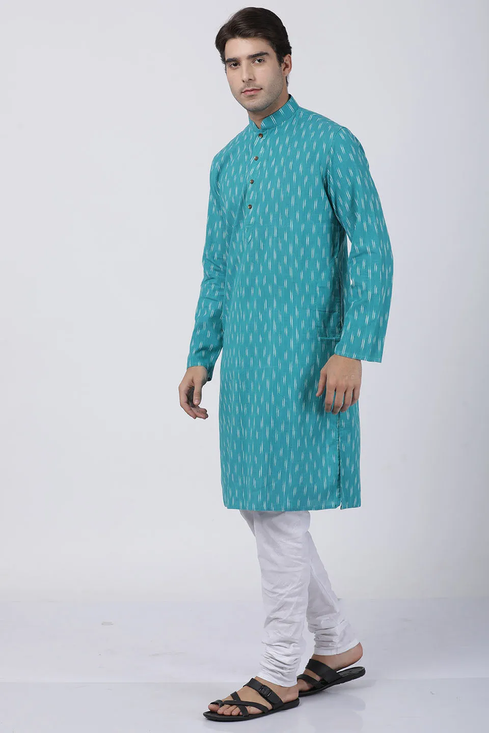 Jashvi Men's Aqua Blue Pure Cotton Kurta and Churidar Set